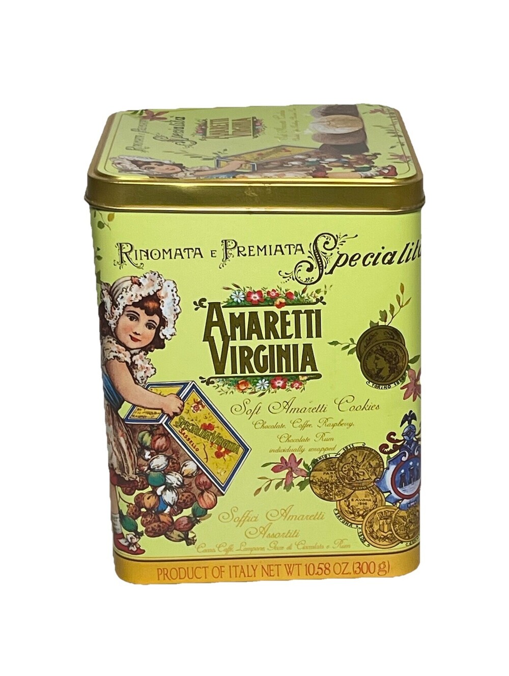 Amaretti Virginia Collectible Empty Metal Tin Box Green Container 8x 6x6 Italy